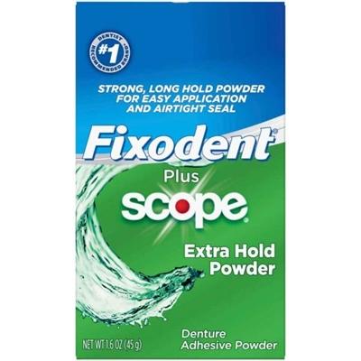 Fixodent Plus Scope Extra Hold Powder Denture Adhesive.