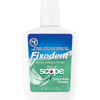 Fixodent Plus Scope Extra Hold Powder Denture Adhesive.